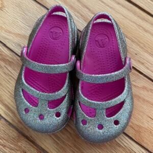 Crocs Shayna Mary Jane Hi-Glitter Sparkle Toddler 6 C Girls Gold Pink Slip On